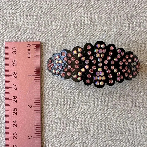 Rose Pink and Pink Aurora Borealis Crystal set in Black Hematite Hair Barrette - Picture 7 of 7